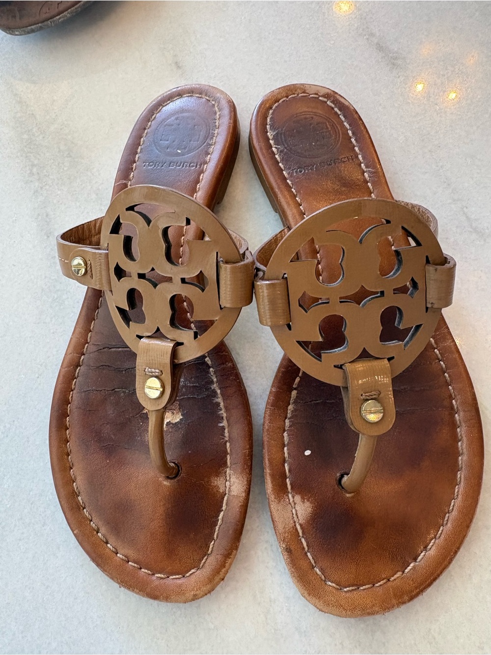 Tory Burch Tan Brown Miller Logo Leather Thong Sandals